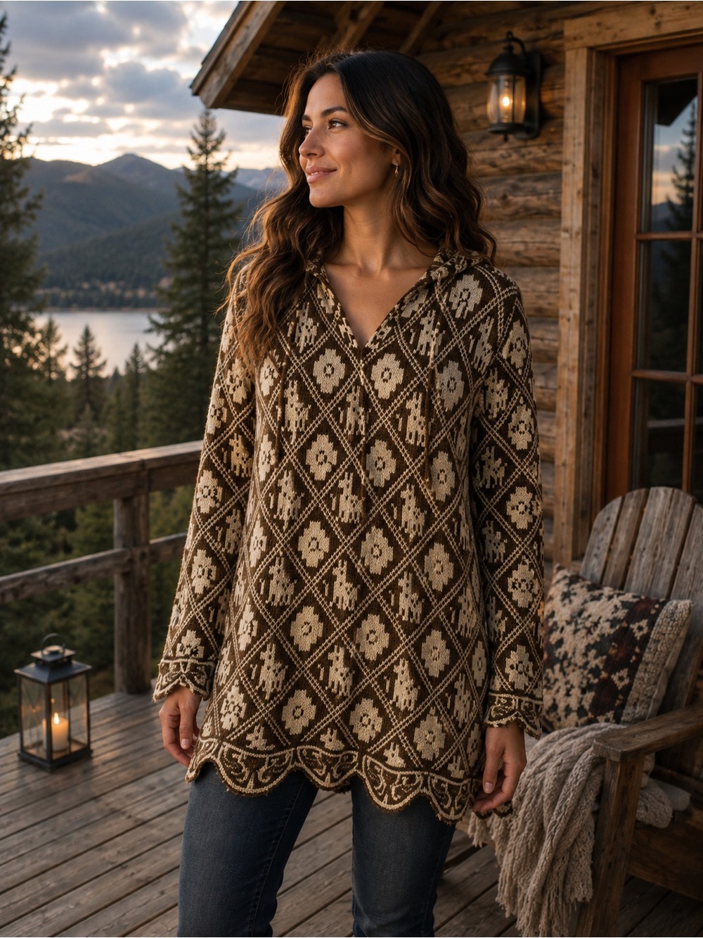 NWOT Peruvian Alpaca Hooded Pullover Tunic Sweater Beige Brown Womens Sz S